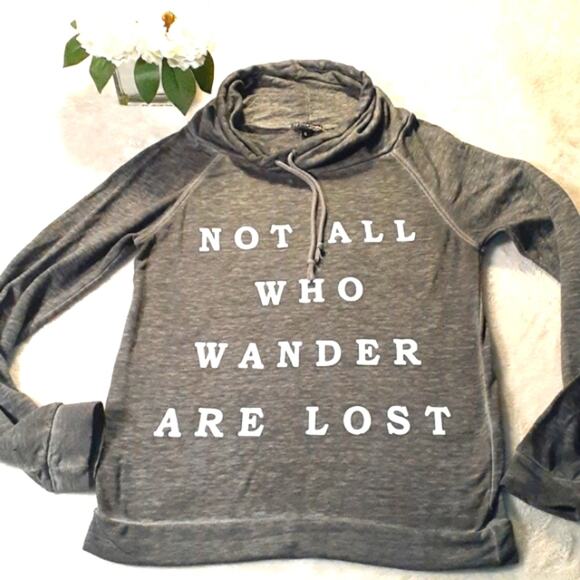 NOT ALL WHO WANDER ARE LOST Cowl Neck Top Sz S GRAY  Long Sleeve Lightweight - Picture 1 of 5